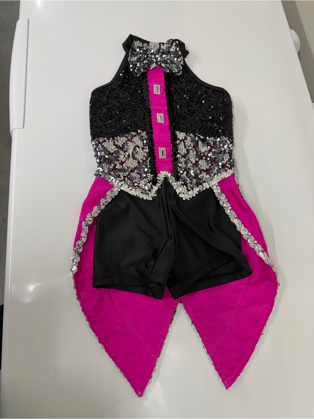 Sequin Bow Halter Dance Costume - Black & Hot Pink